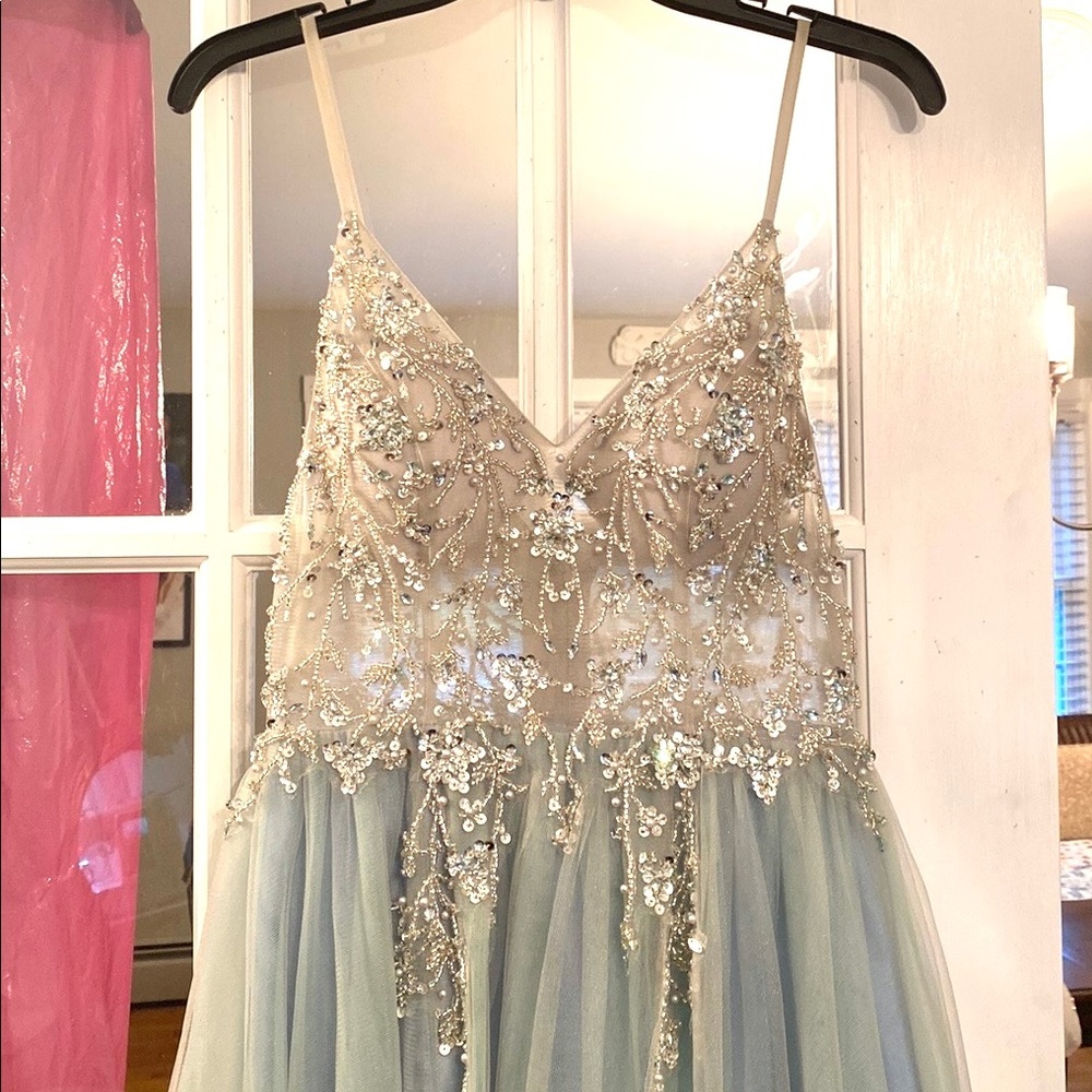 Light blue beading tulle prom dress